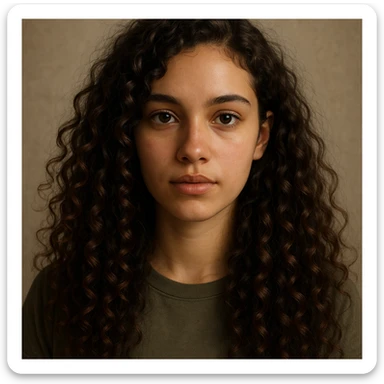 portrait of a girl with long curly brown hair type 3a and dark brown eyes, digital realistic style sticker