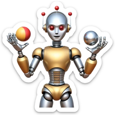 a Circus juggler robot juggling two metal ball sticker