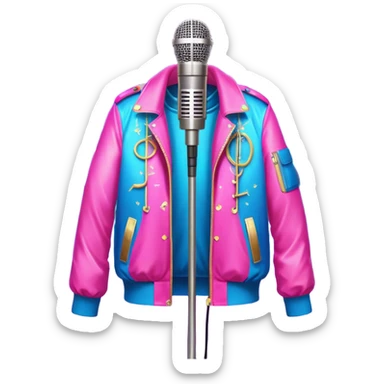 Create a vibrant and energetic emoji that represents pop or stage vocal performance without human figures. The design should feature a microphone on a stand, musical notes, and an illuminated stage with a spotlight to symbolize the live performance aspect. Add a stylish stage costume (e.g., a glittering jacket or sequined outfit) hanging on a hanger, to evoke the glamour of pop singing. Include elements like studio headphones, a music mixer, or a soundboard to reflect the technical side of the performance. Use bright colors like neon pink, electric blue, and gold to convey energy and creativity. The background should be transparent. sticker