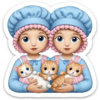 Curly hair baby twins with one wearing a baby pink bonnet and one wearing a baby blue bonnet while holding cat plushies sticker