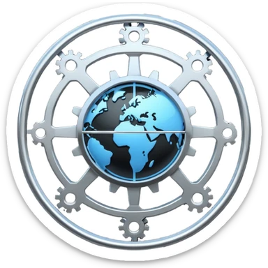 Minimal black line icon of a gear and globe, with circuit-style connected nodes, flat vector style, thin stroke, white background, representing global system configuration and connectivity. sticker