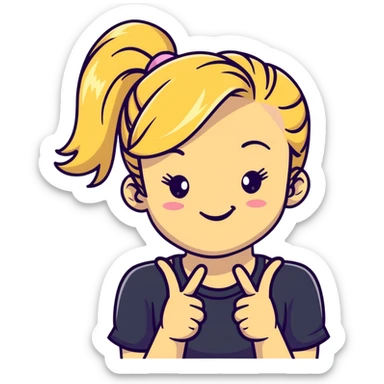 blonde girl with high pony tail hair, winking and making peace sign sticker