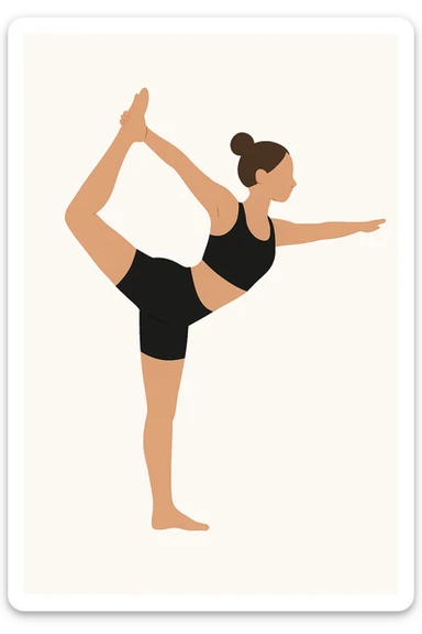 Minimalist flat vector illustration of a woman doing yoga in forward fold pose (Standing Bow Pulling), wearing sportswear (black top and black shorts), brown hair in a bun, clean white background, no face details, elegant style sticker