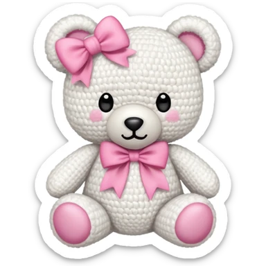 white crochet teddy bear with a pink bow sticker