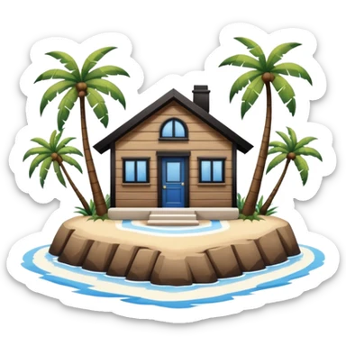 A full square no roof  white and blue stripe house horizontally with brown wooden door on a island with palm trees  sticker