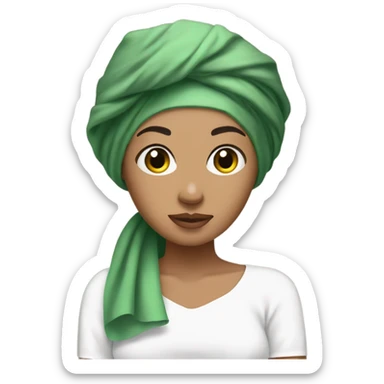 Tan Girl black hair with white towel on her head and green skincare mask on sticker