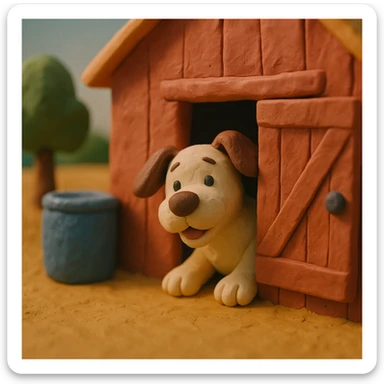 dog peeking out of a barn door, playful and cute, hand-molded details, claymation style sticker