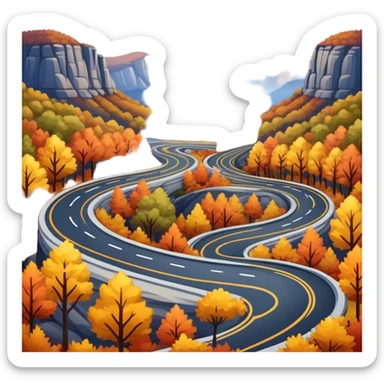 A single winding asphalt road through the blue mountains and autumn colored trees sticker