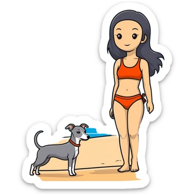 Slim Chinese woman with long black hair in appropriate beach attire at the beach with her completely solid grey Italian greyhound, ocean and sand visible, the dog has absolutely no white markings anywhere sticker