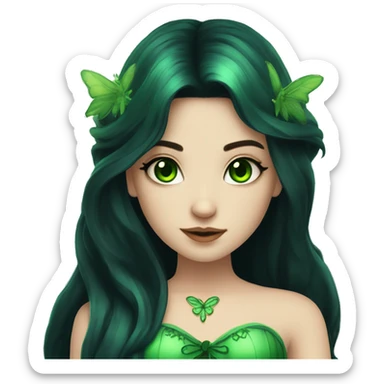 Fairy with long black hair pale skin deep green eyes green wings and green corset sticker