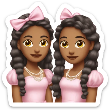 two pretty teenage Latina twins. pink. Long hair. Pink bows. Pearls. Light pink. Diamonds dress. sticker