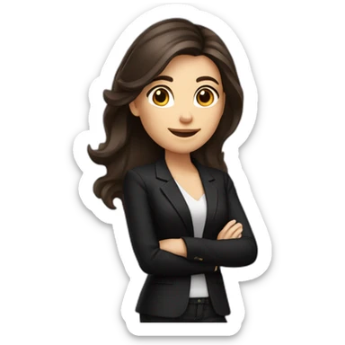 Caucasian Woman with voluminous long dark brown hair, dark brown eyes, pretty smile, dressed with a black blazer. Pointing up sticker
