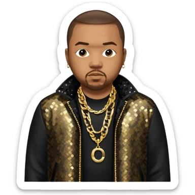 Timbaland with dark brown hair, black sequin jacket, black shirt with necklace sticker