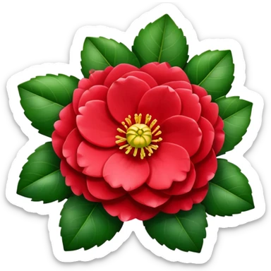 Beautiful red camellia flower with layered petals and glossy green leaves sticker