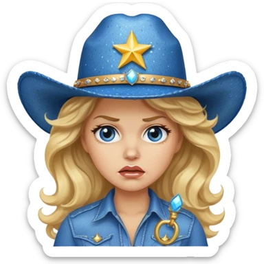 Angry woman with big blonde wavy hair wearing sparkly blue cowboy hat  sticker