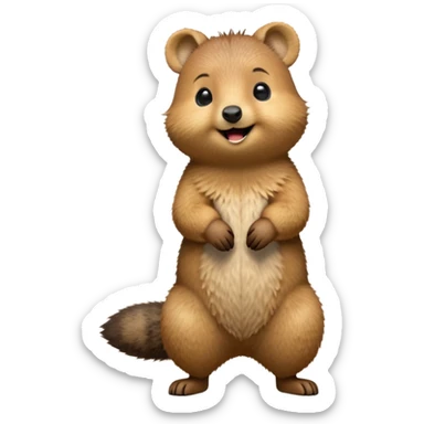 cinematic-quokka-realistic-full-body-standing on its hind legs hunched over-emoji,-small-round-frame-balanced-on-tiny-strong-hind-legs,giant fluffy cheeks large smile-fluffy-brown-fur-radiating-a-warm-softness skinny tail, ,-big-round-eyes-filled-with-joy-and-innocence,-tiny-clawed-paws-held-close-to-chest,-cheerful-smile-exuding-endearing-happiness,-simplified-yet-realistic-focused-features,-highly-detailed,-glowing-with-a-sunny-warmth, expressive eyes  sticker