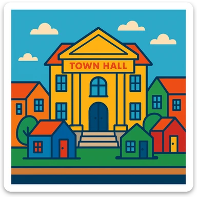 flat toon style municipality with bold colors, town hall and houses sticker