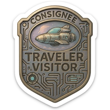 a metal insignia badge for a consignee traveler visitor, space scifi-futuristic cyberpunk futurepunk sticker
