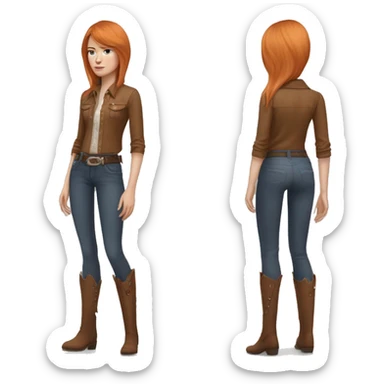 White skin, woman, feminine, straight hair in a wolf haircut, ginger coloured hair, beautiful, British, stylist, aesthetic, side and bangs, sensual looking, full body, complete body figure,slim, she’s wearing a cowboy outfit sticker