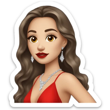 beautiful brunette russian girl with light skin long hair red lipstick wearing red low neck dress with a diamond necklace sticker