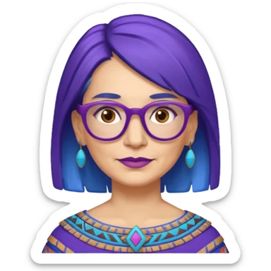 50-year-old woman with purple glasses, brown eyes, and Aztec blue shoulder-length hair sticker