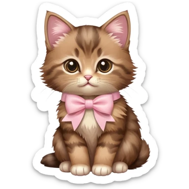 Fluffy brown kitten with a pale pink bow is sitting sticker
