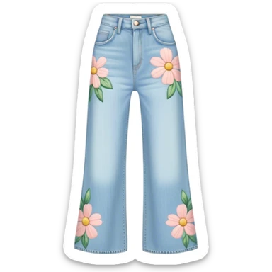 light wash denim wide leg jeans with pastel flowers painted on them on hanger sticker