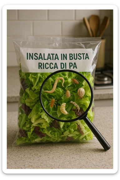 Insalata in busta ricca di pa transparent plastic bag of pre-washed salad sits on a kitchen counter. Through the bag, small, detailed images of various parasites (such as worms, larvae, or microscopic bugs) are visible among the lettuce leaves. A magnifying glass hovers over the bag, enlarging the parasites for emphasis. The mood is cautionary and educational.arassiti sticker
