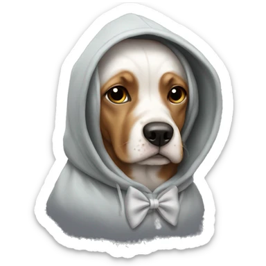 Dog wearing a hoodie with a bow sticker