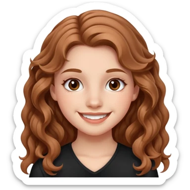 teenage girl with wavy long hazelnut hair, wearing blush and mascara, smiling sticker