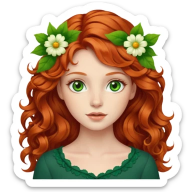 Natural redhead model, green eyes, wavy hair, flowers in hair sticker