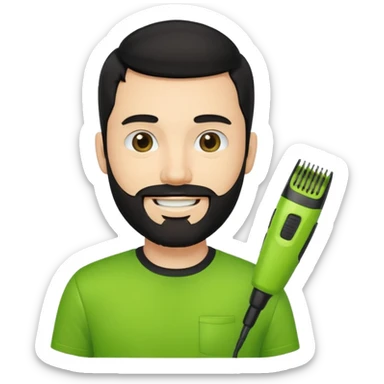 smiling young fair-skinned man with black hair and beard, holding a lime green trimmer, wearing a black t-shirt, iOS emoji style sticker