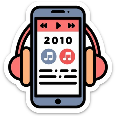 Music playlist icon with smartphone, headphones, and "2010" text, representing 2010s decade music sticker
