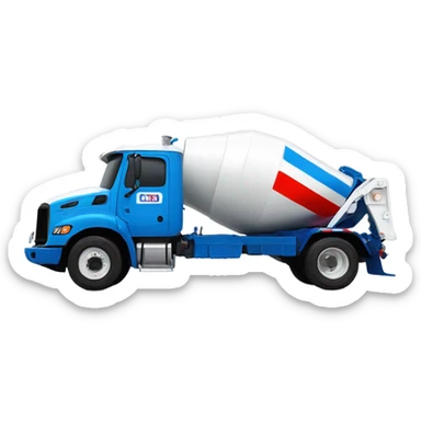 Ready mix concrete truck with white cab, white drum with blue and red stripe sticker