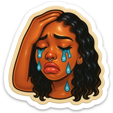 Crying Tears rolling down face 
Mouth Pout
one hand on head 
head down
 sticker