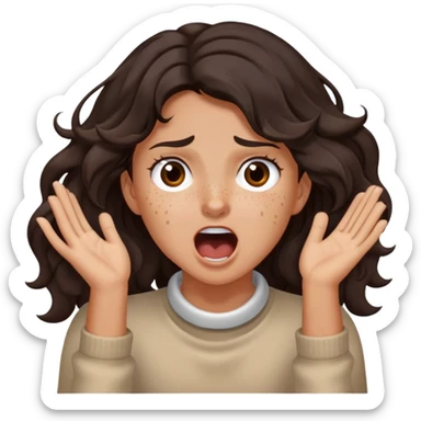 girl very dark brown wavy hair freckles tan skin color brown eyes hands choking neck screaming sticker