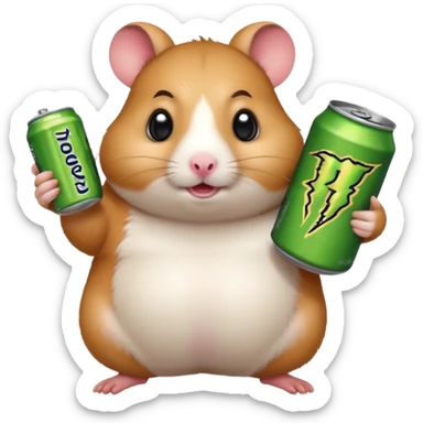 Funny cartoon-style fat hamster wide eyed holding a can of monster energy in one hand and redbull in the other hand sticker