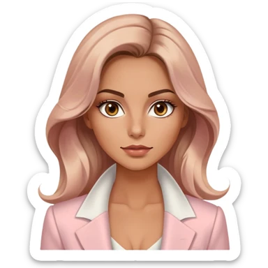 A 30-year-old woman with tanned skin, light brown long wavy hair, delicate face, almond-shaped eyes with smoky foxy eye makeup, brown eyes, wearing a light pink blazer and white satin cowl neck blouse with thin straps sticker