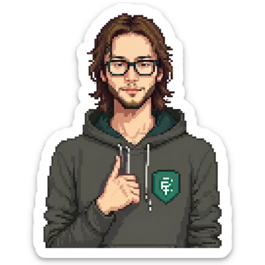 male software developer making 'eyvallah' gesture, right hand on chest, long brown hair tied back, glasses, short beard, light tan skin, wearing a hoodie with </> logo, tech and code background sticker