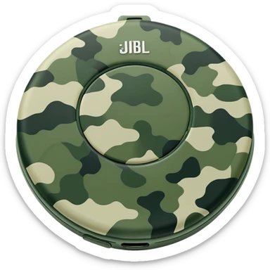 Most minimal JBL Clip 4 possible, flat circular design with clip, abstract green camo pattern, distinct JBL branding, iOS emoji style sticker