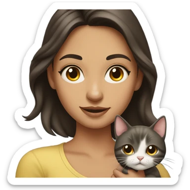 portrait of a beautiful brunette girl holding a cat sticker