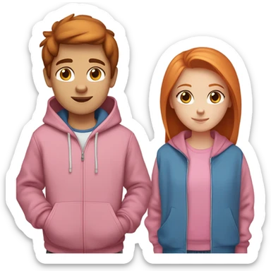 Boy with straight brown hair and brown eyes in a hoodie and girl with ginger hair blue eyes freckles and a pink hoodi sticker