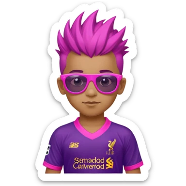 A 6 year old Pakistani boy wearing pink sunglasses with a purple Mohawk and a Liverpool kit on his torso. sticker