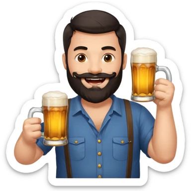big man in lotus pose, bright skin, dark beard and dark short hair, holding beer mugs sticker