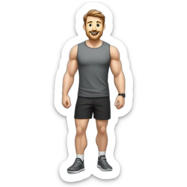Full height realistic Actively gesturing with hands Pale skinned Fit Man With the biceps and brown hair in dark gray Sleeveless Mike, black oversize sports shorts, watch and white Sneakers sticker