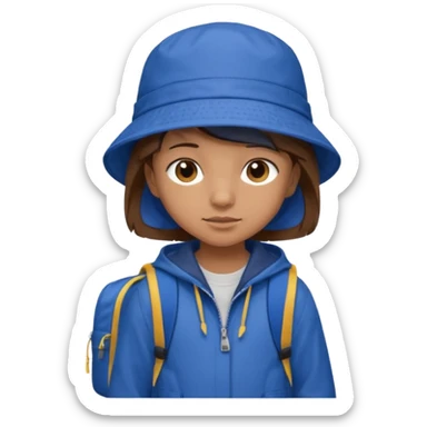 Little student, brown hair, wears blue bucket hat and jacket, backpack, shy sticker