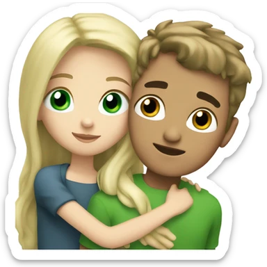 brunette girl and green eyes with blonde boy and blue eyes hugging sticker