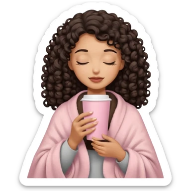 woman with medium tan sand tone, black mid length 3b curls, closed eyes, feminine face, holding soft pink coffee cup with beige blanket over shoulders sticker