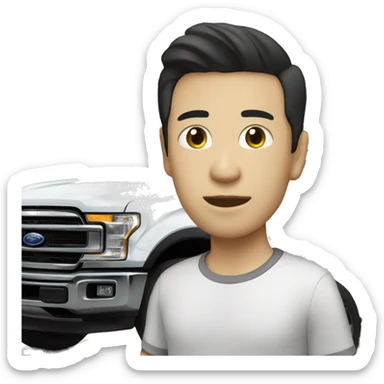 An Asian man with pale skin sitting on top of a black Ford car sticker