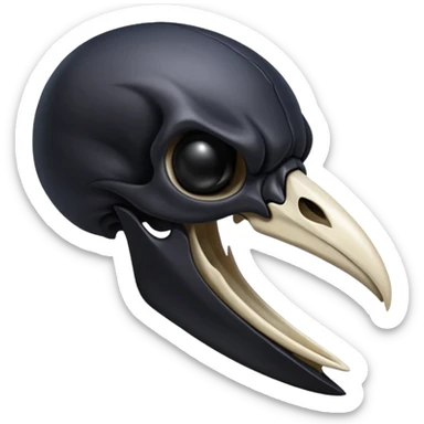 Raven skull with sharp beak, dark gothic emoji, polished bone texture, iOS style sticker